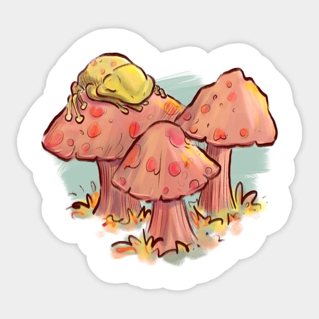 Frog sleeping on a mushroom Sticker by Jason's Doodles